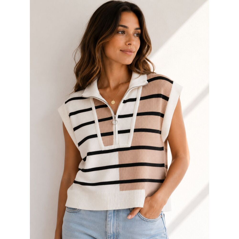 Colorblock Striped Quarter Zip Sweater Vest Women's XL Beige Black White